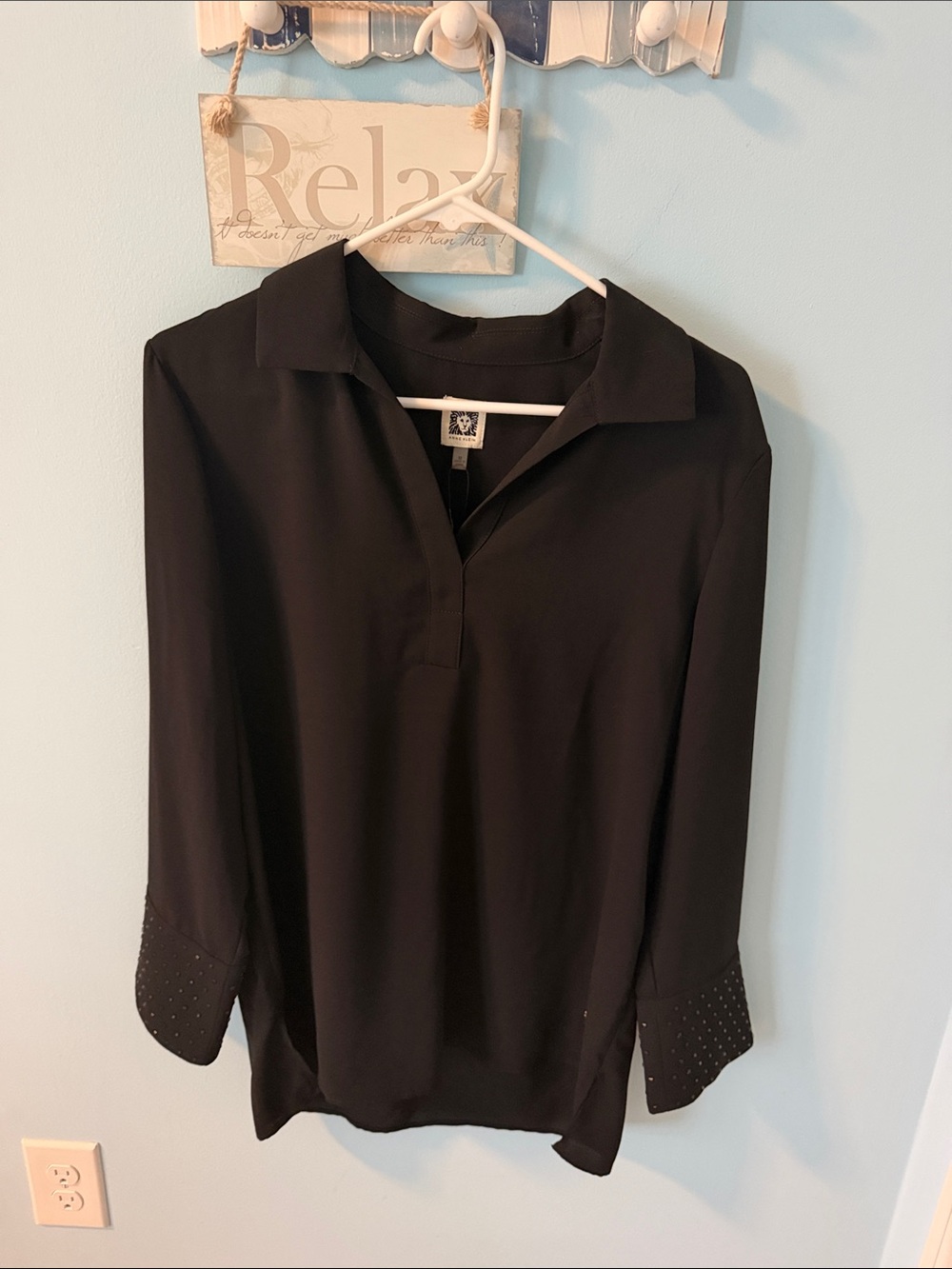 NWT Anne Klein Black Women's Blouse with Studded Cuffs